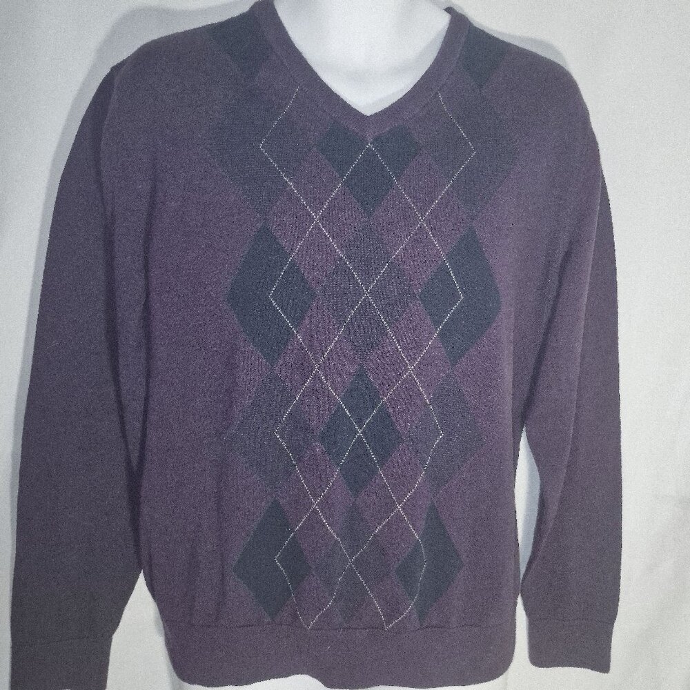 TOMMY HILFIGER Argyl sweater, 100% Cotton, Black- gray-purple, size Large